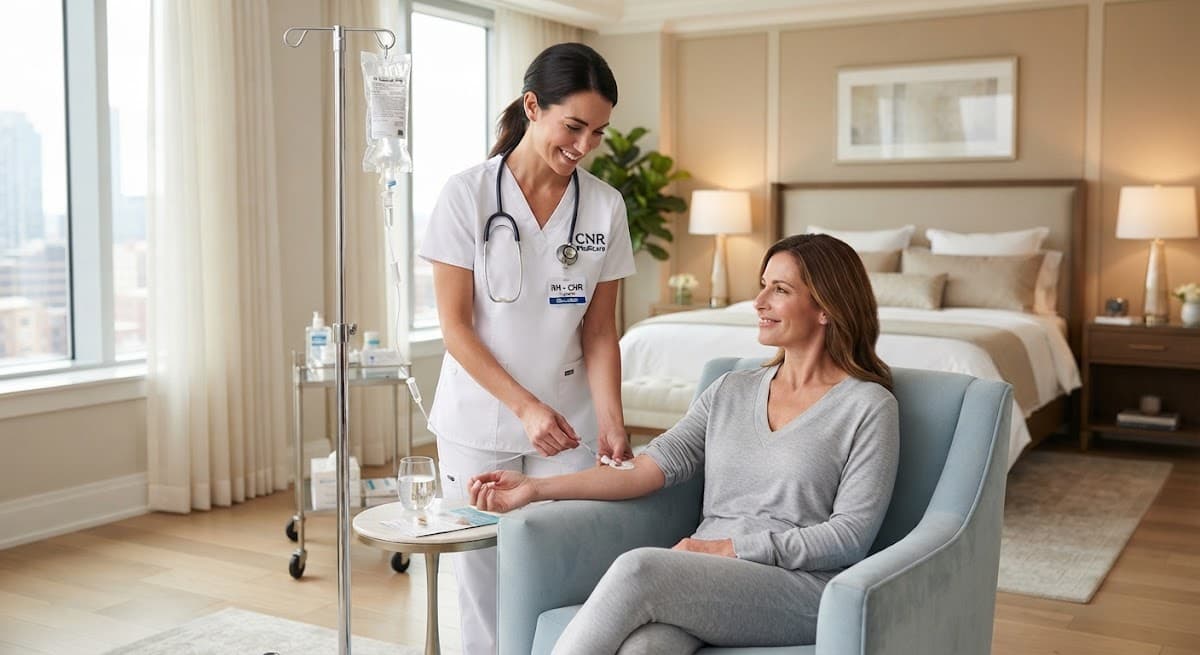 A nurse preparing an IV therapy drip in a bright hotel room