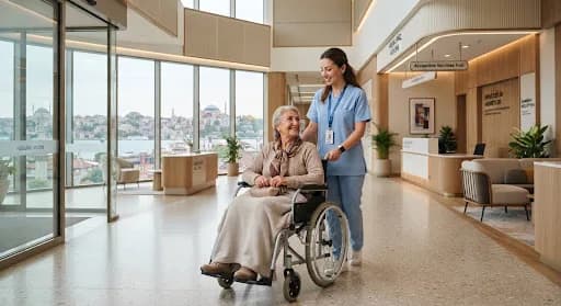 Nurse pushing a smiling older woman in a wheelchair through a bright lobby with a view of Istanbul
