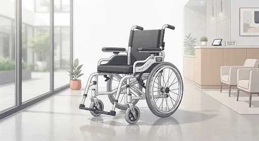 Folding wheelchair in a bright lobby, drawn in a soft illustrated style