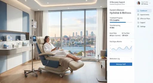 Mujer en albornoz descansa en un sillón con un gotero junto a una ventana con vistas, al lado de un panel de app