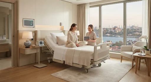 Cuidadora con una tableta conversa con una mujer sentada en una cama articulada, en una habitación con vistas a Estambul