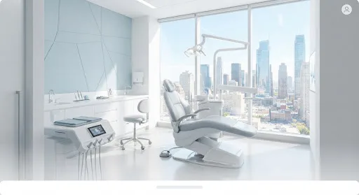 Modern dental treatment room with a white chair, instrument unit and floor-to-ceiling city view