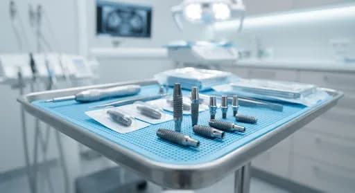 Dental implant screws and instruments laid out on a blue tray in a dental clinic