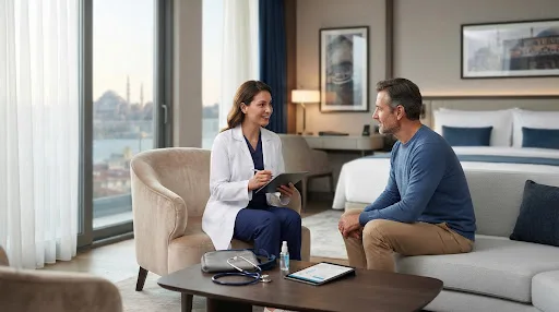 Doctor taking notes while talking with a male guest on a sofa in a hotel room overlooking Istanbul