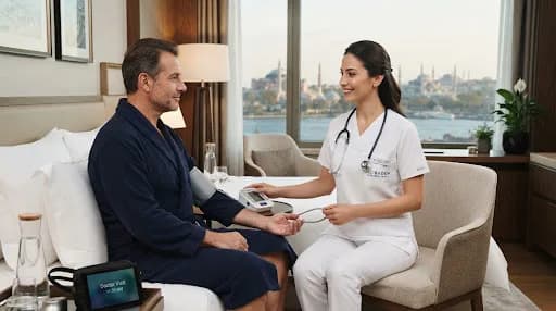 Clinician checking the blood pressure of a man in a bathrobe on a hotel bed, with Istanbul in the window