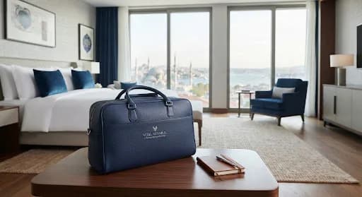 Navy medical bag and notebook on a table in a hotel room with a view of Istanbul
