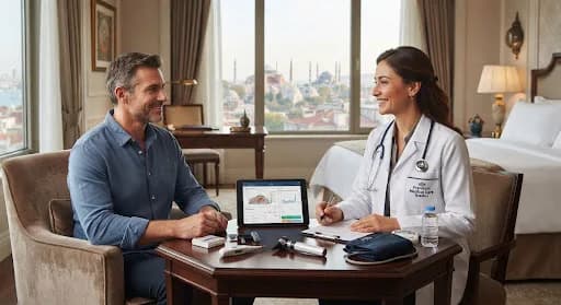 Smiling doctor going over notes with a male guest at a table in a hotel room overlooking Istanbul