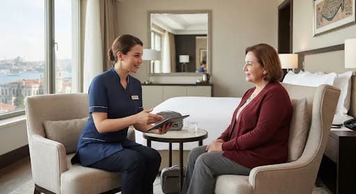 Nurse with a tablet talking with a woman in an armchair in a hotel room overlooking Istanbul