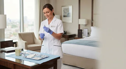Nurse in gloves preparing a syringe beside a tray of supplies in a hotel room