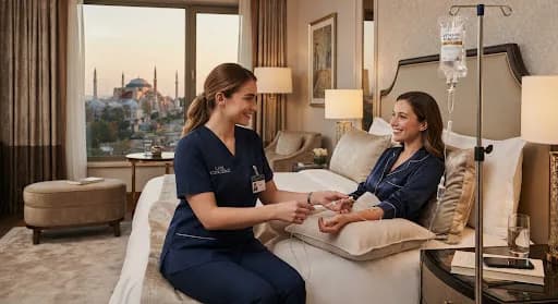 Nurse adjusting an IV line for a smiling woman in a hotel bed, Hagia Sophia visible at dusk