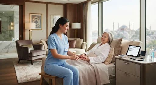 Nurse holding the hands of an older woman in a bathrobe on a bed in a room overlooking Istanbul