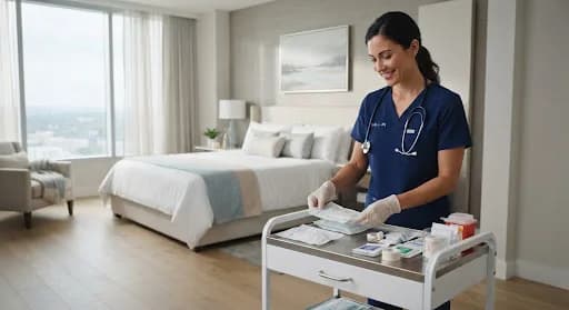Nurse in gloves preparing dressing supplies on a trolley in a bright hotel room