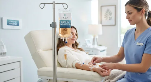 Nurse checking the IV cannula on a woman's arm as she relaxes in a recliner beside a drip bag