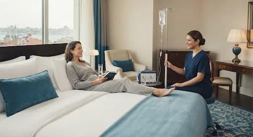 Nurse adjusting an IV drip beside a woman relaxing on a hotel bed with a tablet