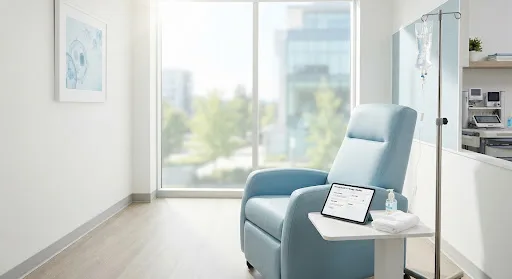 Empty light-blue recliner with an IV stand and a tablet on a side table in a bright treatment room