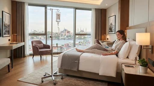 Woman relaxing on a hotel bed with an IV drip in a room facing Hagia Sophia and the sea