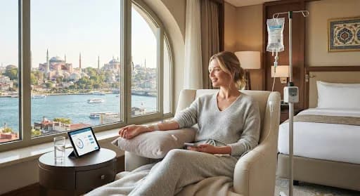 Woman resting in an armchair with an IV drip by a window overlooking the Bosphorus and historic mosques