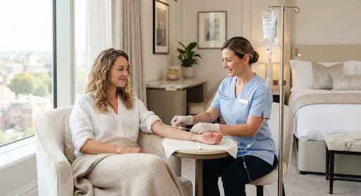 Nurse in gloves preparing a woman's arm for an IV at a small table in a hotel room