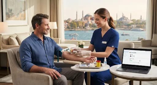 Nurse in gloves preparing a man's arm for a blood draw in a hotel room overlooking Istanbul