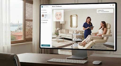 Desktop monitor showing a treatment-planning screen with a face diagram and a client in a treatment chair