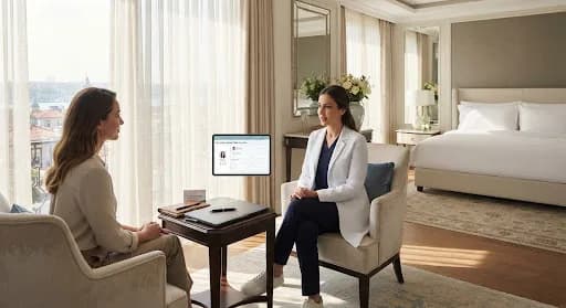 Practitioner in a white blazer in consultation with a woman, both seated in a hotel suite