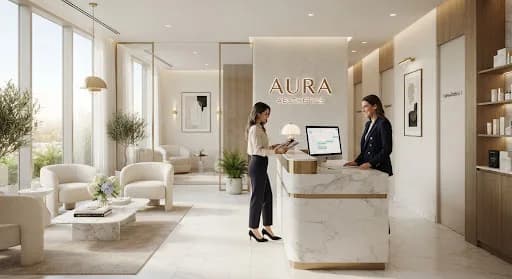 Client checking in at the marble reception desk of a bright aesthetics clinic