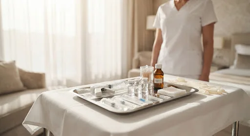 Tray of syringes, small vials and gauze on a cloth-covered cart, with a practitioner in white behind it