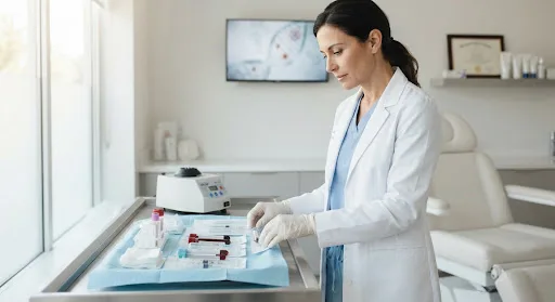 Clinician in a white coat preparing labelled blood tubes on a tray beside a centrifuge