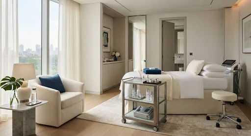 Bright treatment room with a made-up bed, skincare products on a trolley and a facial device by the window
