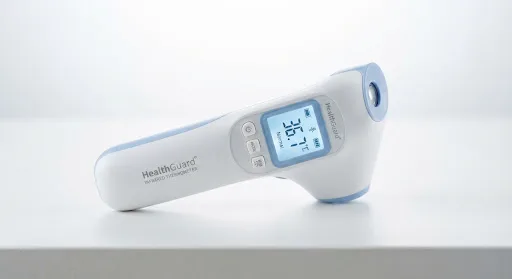 White non-contact infrared thermometer with its display reading 36.7 °C