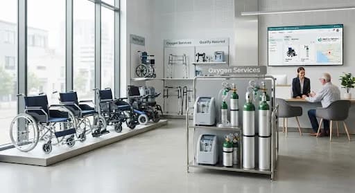 Showroom with wheelchairs, walkers and oxygen cylinders, where a staff member advises a customer