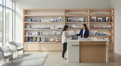 Shop with shelves of travel health and aftercare kits, and a customer being served at the counter