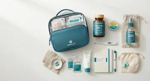 Flat lay of a teal first-aid bag with plasters, a thermometer, sunscreen, hand spray, earplugs and a sleep mask