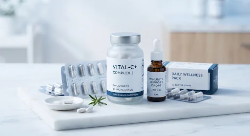Vitamin supplement bottle, dropper bottle, blister packs and a daily pack on a white marble board