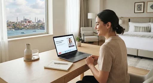 Женщина за столом в отеле общается с врачом по видеосвязи через ноутбук; в окне — панорама Стамбула