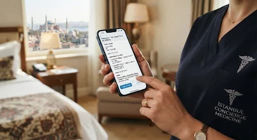 Крупным планом: рука держит смартфон с медицинским заключением в номере отеля с видом на Стамбул