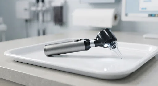 Otoscope with a clear ear tip resting on a white tray in a clinic room