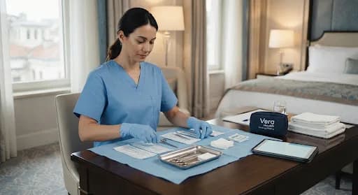 Nurse in blue scrubs and gloves laying out sterile instruments and dressings on a hotel room desk