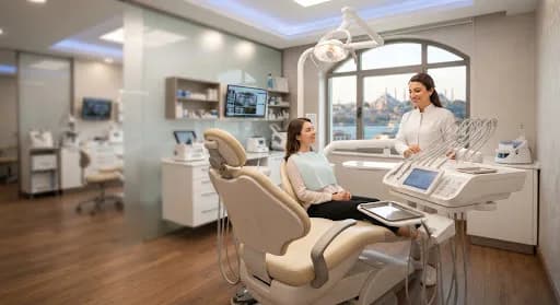 Dentist and a patient seated in a dental chair in a modern clinic with an Istanbul view