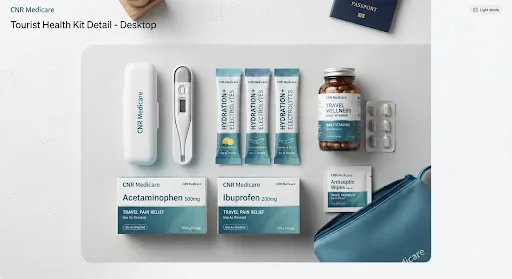 Travel health kit laid out: thermometer, electrolyte sachets, supplement bottle and pain-relief boxes