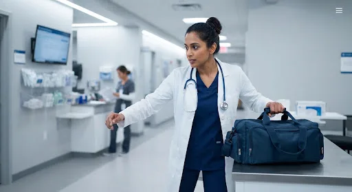 Doctor with a stethoscope picking up a navy medical bag in a clinic corridor